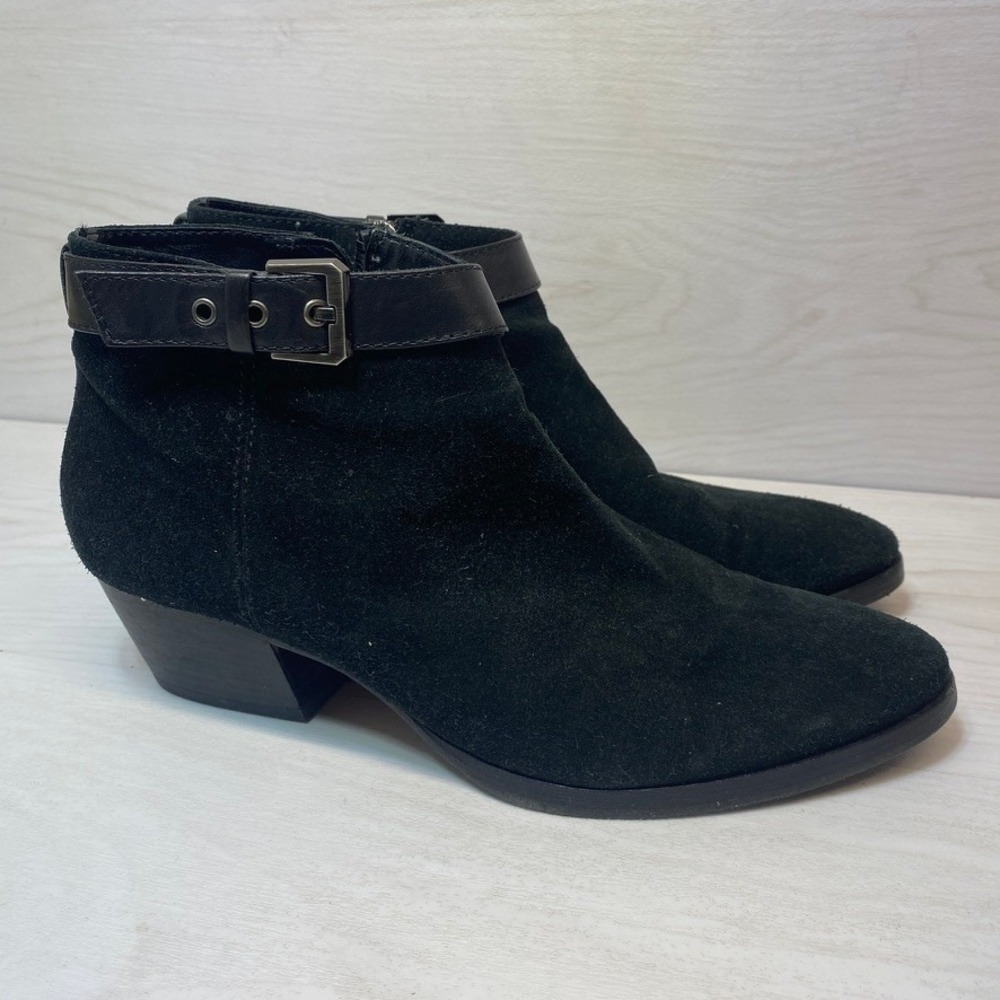 Aquatalia Womens 9.5 Ankle Boots Buckle Strap Black Suede Leather Italy Heel
